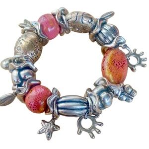 Chunky Silvertone & Coral Pink Stones Charm Bracelet NWOT